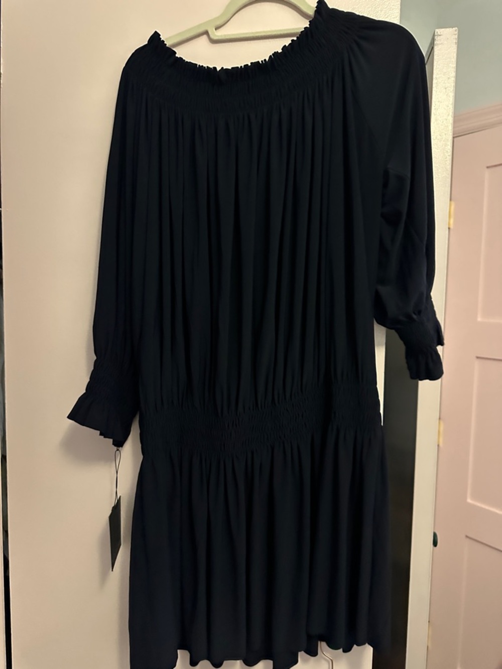 Norma Kamali Black Smocked Pleated Long Sleeve Dress - Picture 4 of 7